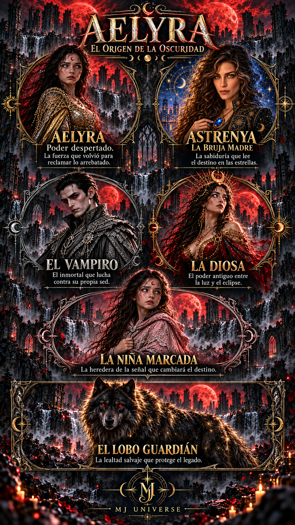 Flyer con los personajes de Aelyra y la descripción de cada uno
